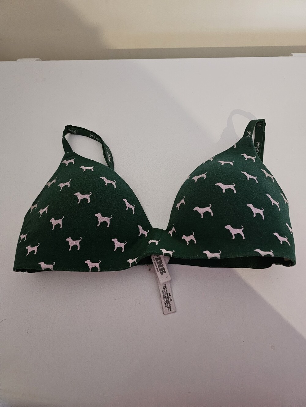 VS PINK Green Padded Bra with White Dog Print
